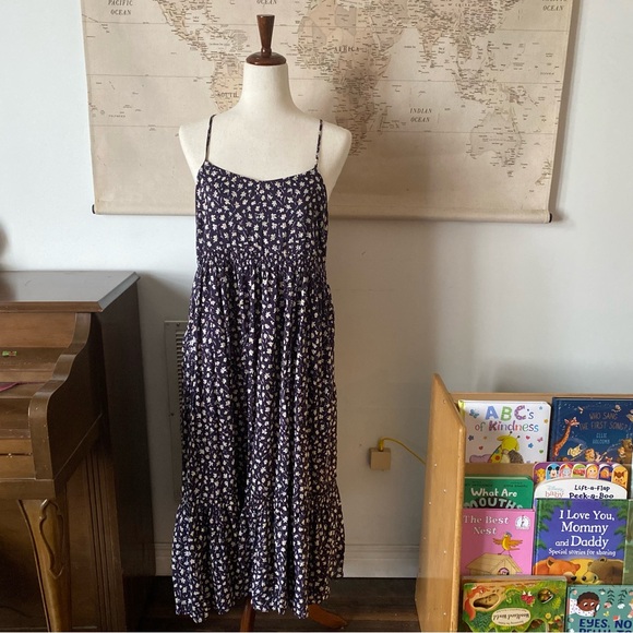 Madewell Dark indigo Ditsy dandelion Floral Spaghetti Strap tiered maxi Dress 10 - Picture 2 of 11